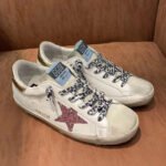 Super-Star with pink glitter star and golden matte cowhide leather heel