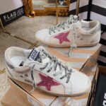 Super-Star with pink glitter star and silvery matte cowhide leather heel