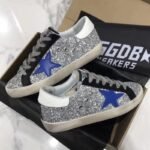 Super-Star with blue matte cowhide star and white matte cowhide leather heel