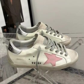 Super-Star with pink matte cowhide star and silvery matte cowhide leather heel