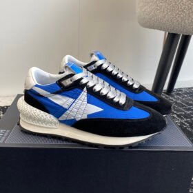 Running sole with white fabric star and white matte cowhide leather heel