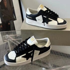 Stardan with black matte cowhide star and white matte cowhide leather heel