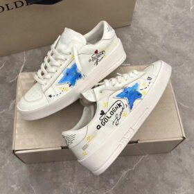 Stardan with blue matte cowhide star and white matte cowhide leather heel